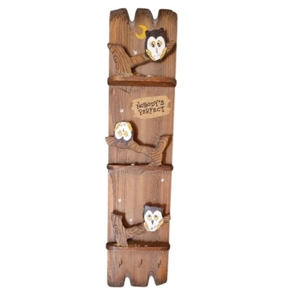 Vintage 1970s Night Owl 3-Teir Wood‎ Wall Letter Key Holder Rack